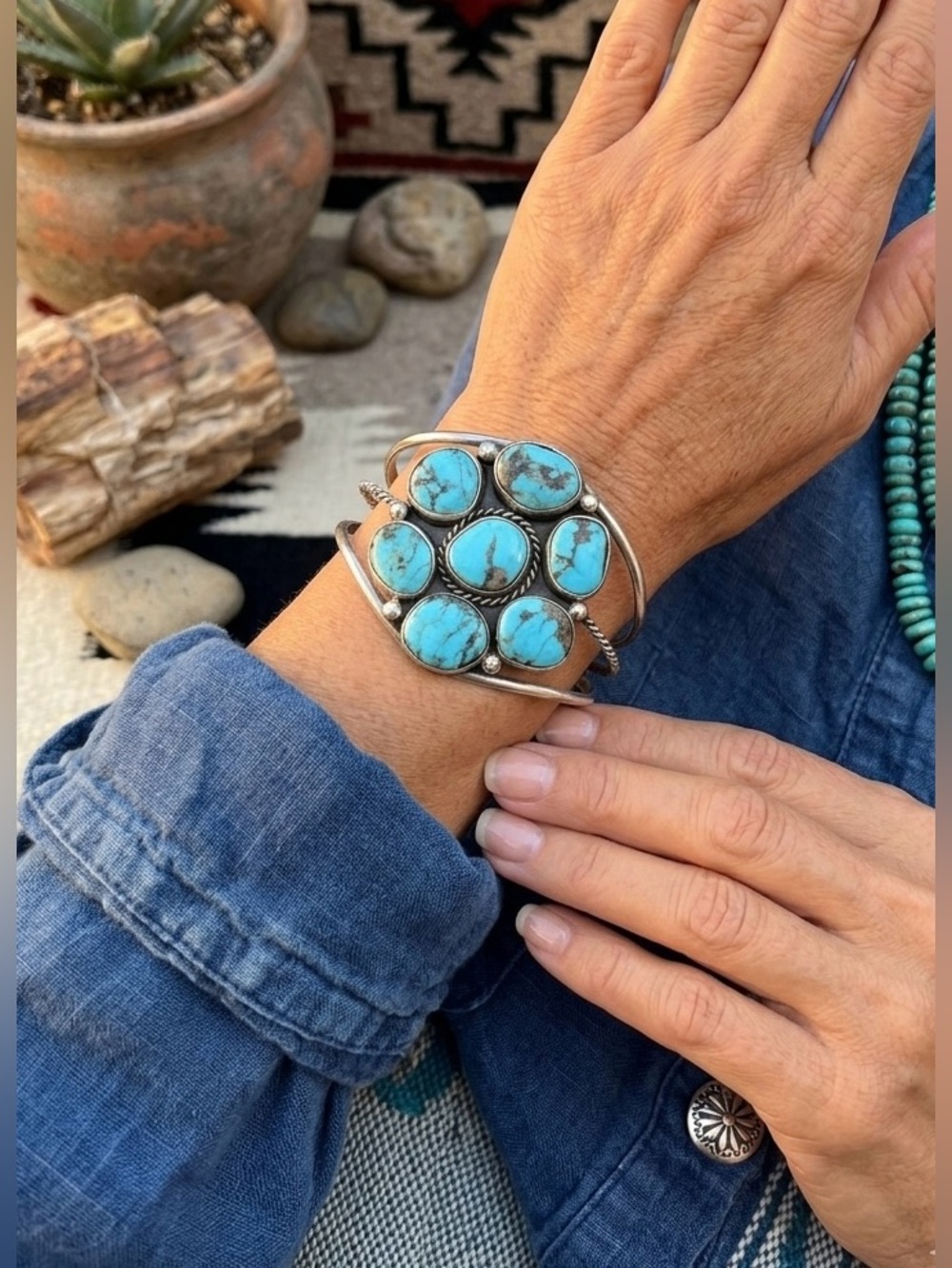 Native American Sterling Silver Natural Turquoise Cluster Cuff Bracelet 6.5"
